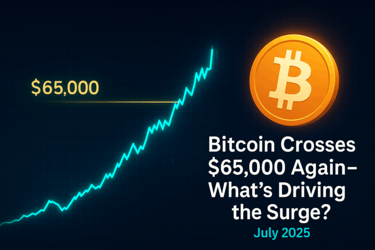 Bitcoin price chart showing breakout above $65,000 with Bitcoin logo and July 2025 date