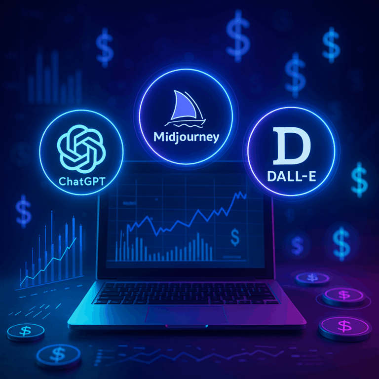 AI-powered digital workspace with ChatGPT, MidJourney, and DALL·E icons above a laptop, holographic financial graphics in neon blue-purple tones.