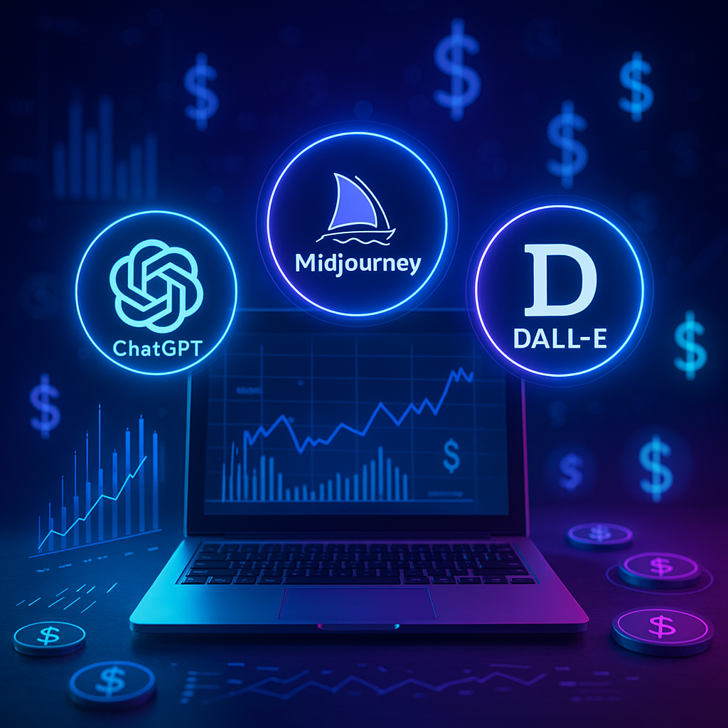 AI-powered digital workspace with ChatGPT, MidJourney, and DALL·E icons above a laptop, holographic financial graphics in neon blue-purple tones.