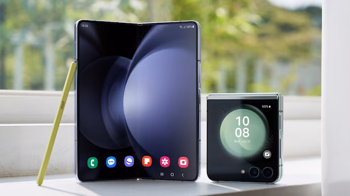 Samsung Galaxy Z Fold 7 foldable smartphone showing unfolded 8.2-inch Dynamic AMOLED 2X display with vibrant home screen"