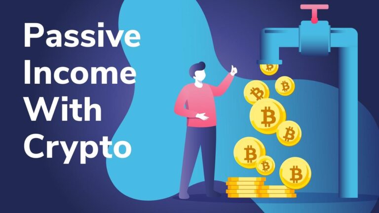 A digital illustration of a person earning passive income through various crypto strategies like staking, lending, and ETFs in 2025.