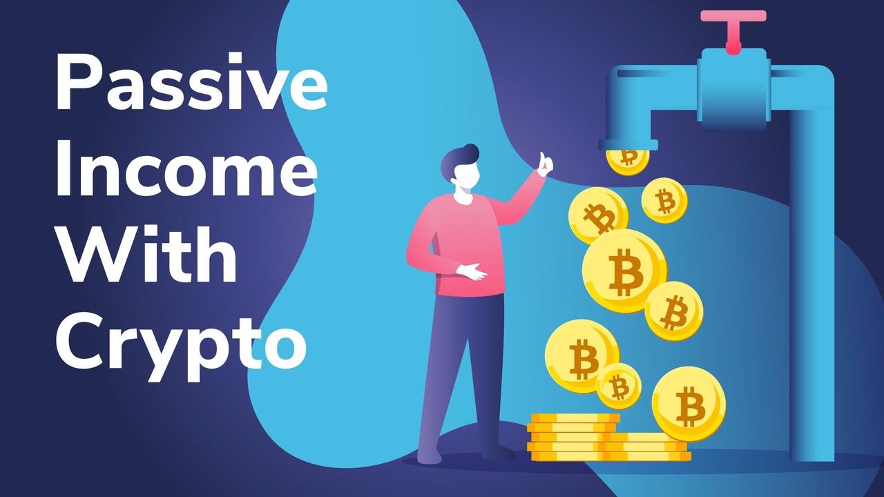 A digital illustration of a person earning passive income through various crypto strategies like staking, lending, and ETFs in 2025.
